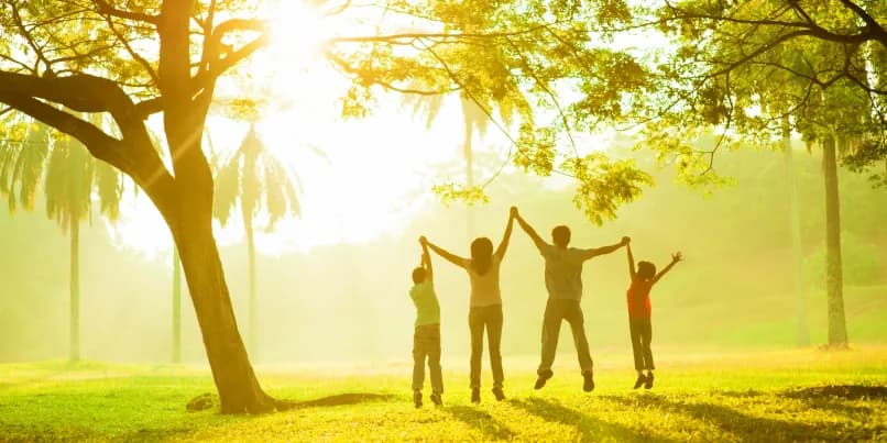 Family jumping in a sunny park